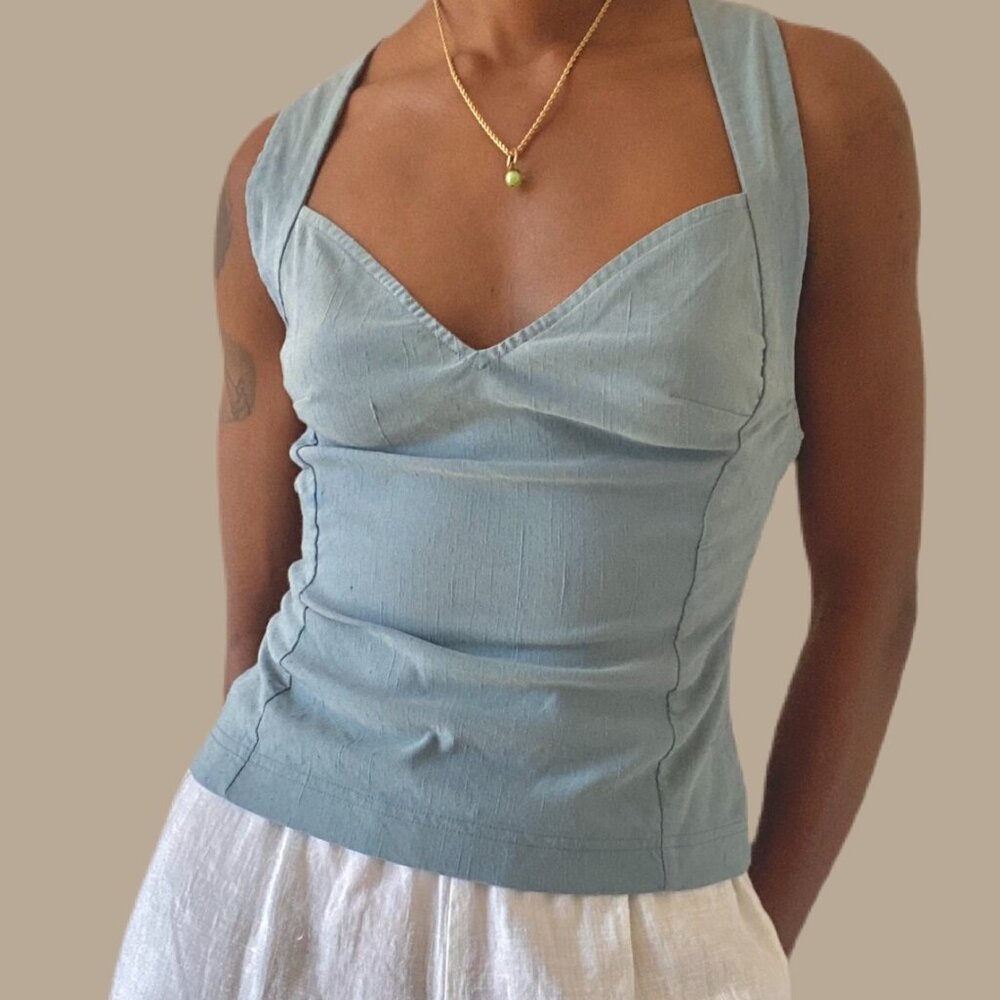 Vintage Metallic Teal Cross Back Sleeveless Blouse - Picture 2 of 3